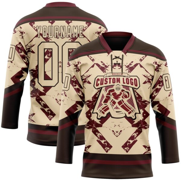 Custom City Cream Burgundy-Brown Tribal Indigenous Grunge Splash Hockey Lace Neck Jersey