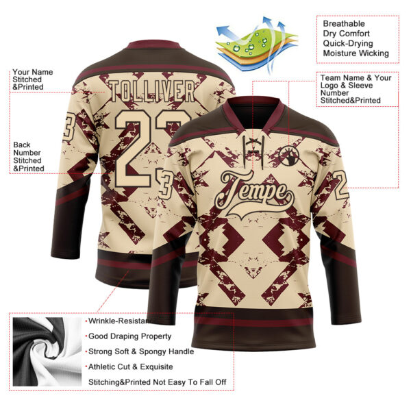 Custom City Cream Burgundy-Brown Tribal Indigenous Grunge Splash Hockey Lace Neck Jersey