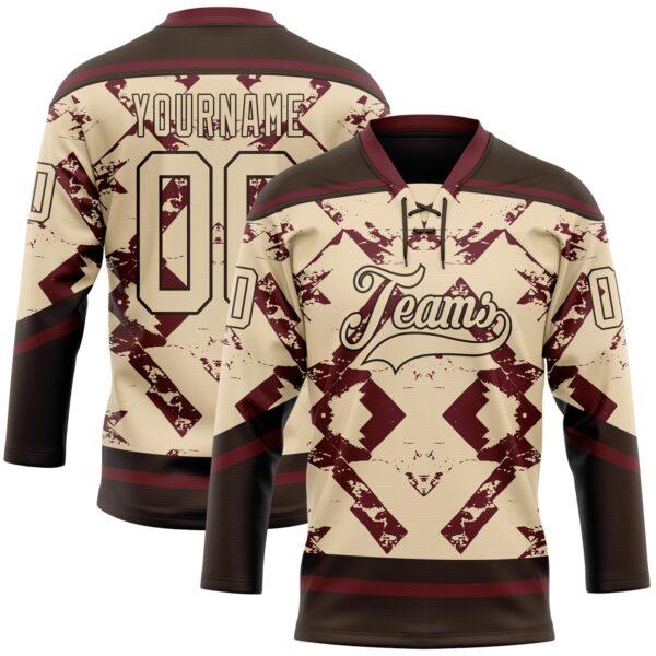 Custom City Cream Burgundy-Brown Tribal Indigenous Grunge Splash Hockey Lace Neck Jersey