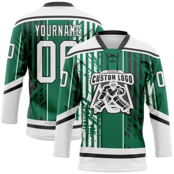 Custom Kelly Green White-Black Abstract Dallas Inspired Grunge Stripe Hockey Lace Neck Jersey