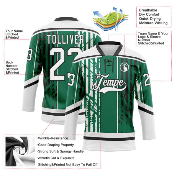 Custom Kelly Green White-Black Abstract Dallas Inspired Grunge Stripe Hockey Lace Neck Jersey
