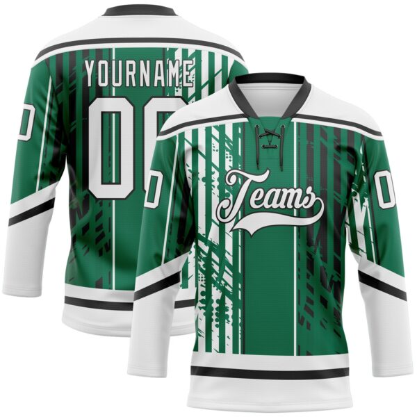 Custom Kelly Green White-Black Abstract Dallas Inspired Grunge Stripe Hockey Lace Neck Jersey