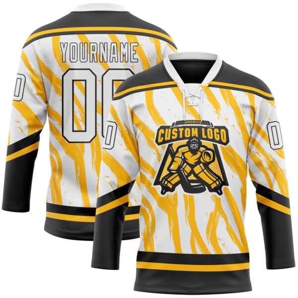 Custom White Gold-Black Abstract Boston Inspired Fluid Hockey Lace Neck Jersey