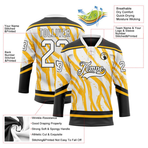 Custom White Gold-Black Abstract Boston Inspired Fluid Hockey Lace Neck Jersey