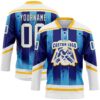 Custom White Blue Gold-Black Abstract Buffalo Inspired Stripe Hockey Lace Neck Jersey