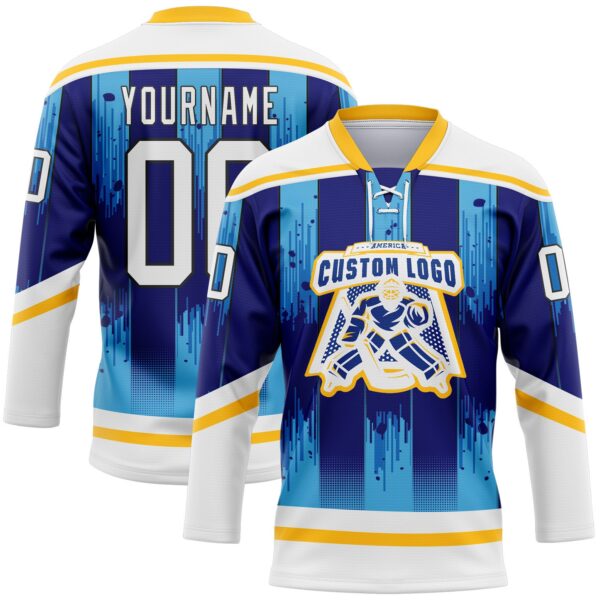 Custom White Blue Gold-Black Abstract Buffalo Inspired Stripe Hockey Lace Neck Jersey