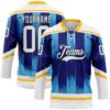 Custom White Blue Gold-Black Abstract Buffalo Inspired Stripe Hockey Lace Neck Jersey