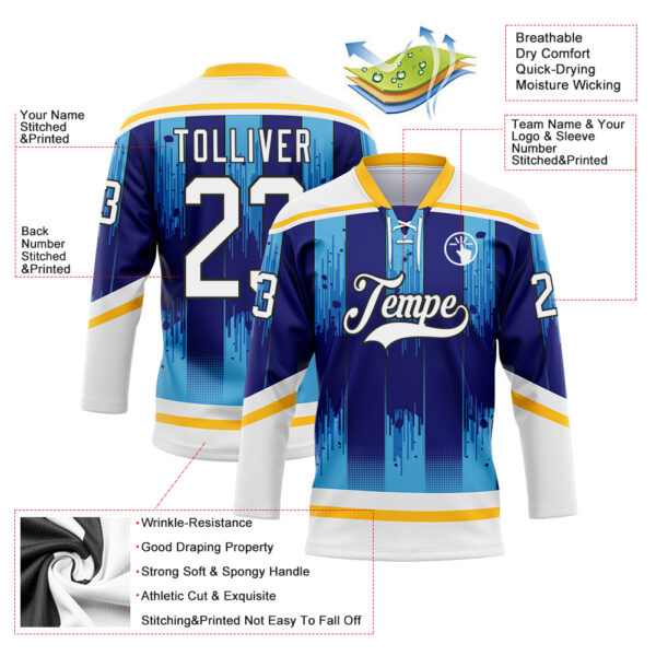 Custom White Blue Gold-Black Abstract Buffalo Inspired Stripe Hockey Lace Neck Jersey
