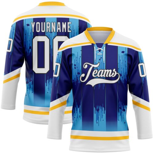 Custom White Blue Gold-Black Abstract Buffalo Inspired Stripe Hockey Lace Neck Jersey