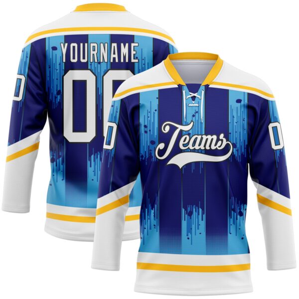 Custom White Blue Gold-Black Abstract Buffalo Inspired Stripe Hockey Lace Neck Jersey
