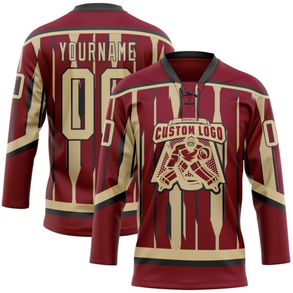 Custom Crimson Vegas Gold-Black Abstract Arizona Inspired Stripe Hockey Lace Neck Jersey
