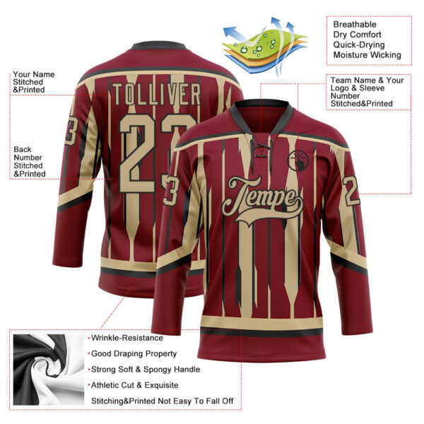 Custom Crimson Vegas Gold-Black Abstract Arizona Inspired Stripe Hockey Lace Neck Jersey
