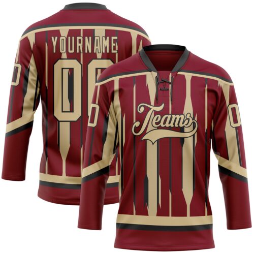 Custom Crimson Vegas Gold-Black Abstract Arizona Inspired Stripe Hockey Lace Neck Jersey