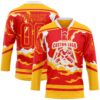Custom Fire Red Gold-White Abstract Calgary Inspired Flame Hockey Lace Neck Jersey