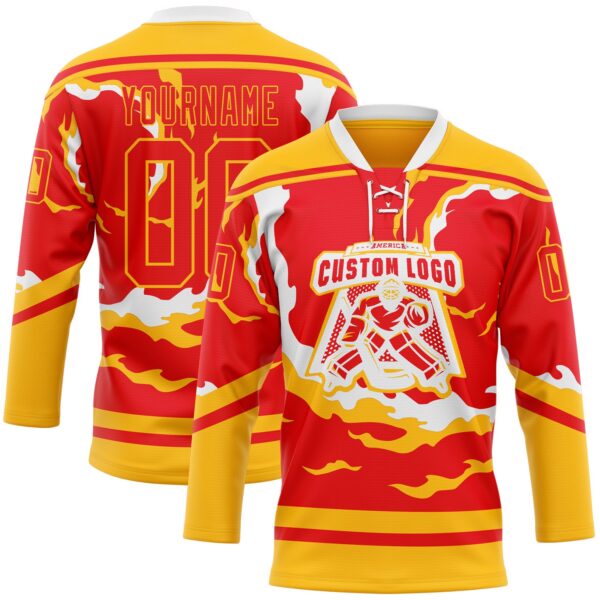 Custom Fire Red Gold-White Abstract Calgary Inspired Flame Hockey Lace Neck Jersey
