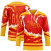 Custom Fire Red Gold-White Abstract Calgary Inspired Flame Hockey Lace Neck Jersey