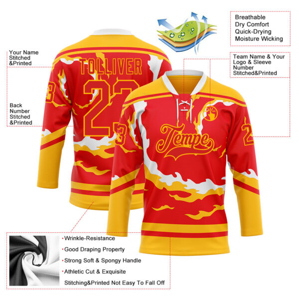 Custom Fire Red Gold-White Abstract Calgary Inspired Flame Hockey Lace Neck Jersey
