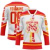 Custom White Fire Red-Gold Abstract Calgary Inspired Grunge Stripe Hockey Lace Neck Jersey