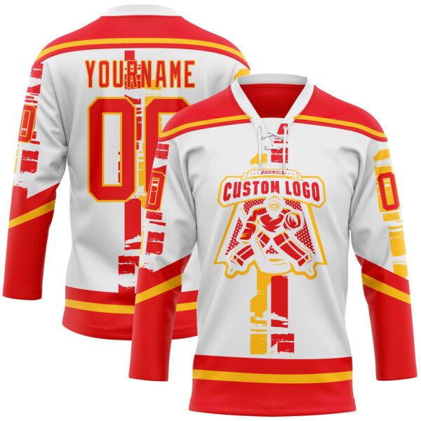 Custom White Fire Red-Gold Abstract Calgary Inspired Grunge Stripe Hockey Lace Neck Jersey