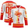 Custom White Fire Red-Gold Abstract Calgary Inspired Grunge Stripe Hockey Lace Neck Jersey