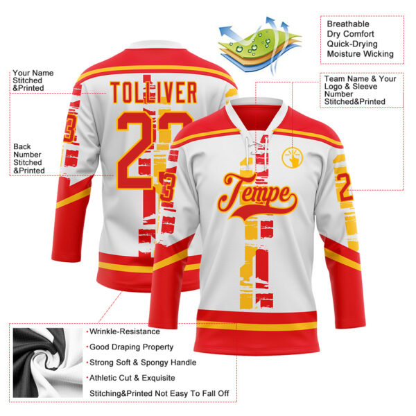Custom White Fire Red-Gold Abstract Calgary Inspired Grunge Stripe Hockey Lace Neck Jersey