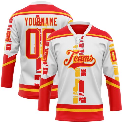 Custom White Fire Red-Gold Abstract Calgary Inspired Grunge Stripe Hockey Lace Neck Jersey