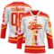 Custom White Fire Red-Gold Abstract Calgary Inspired Grunge Stripe Hockey Lace Neck Jersey
