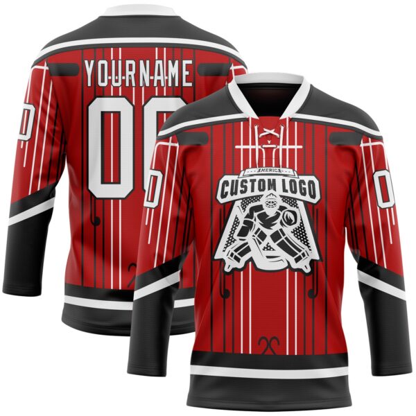 Custom Red White-Black Abstract Carolina Inspired Line Hockey Lace Neck Jersey