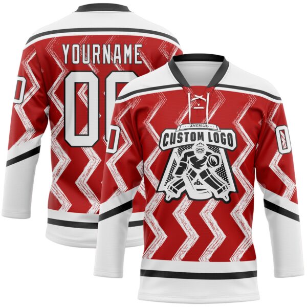 Custom Red White-Black Abstract Chicago Inspired Zigzag Hockey Lace Neck Jersey