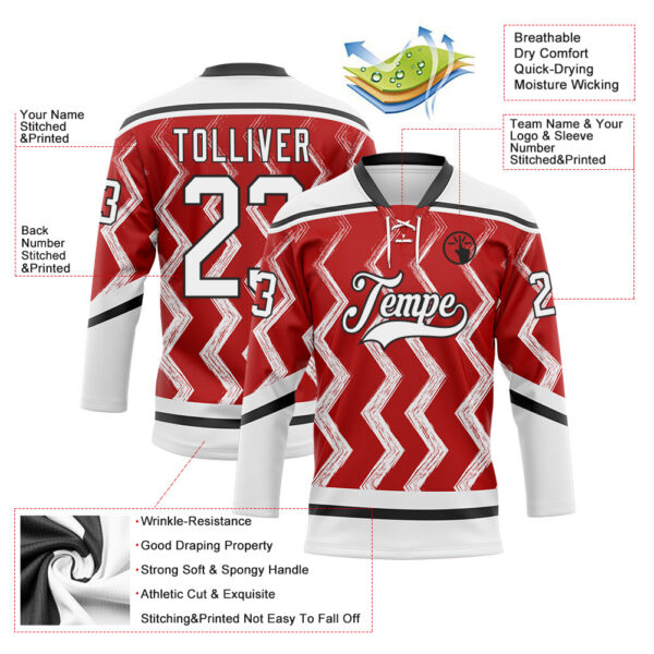 Custom Red White-Black Abstract Chicago Inspired Zigzag Hockey Lace Neck Jersey