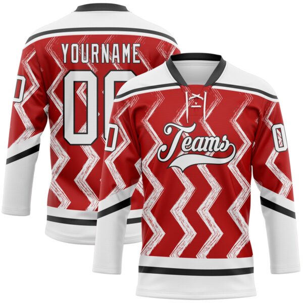 Custom Red White-Black Abstract Chicago Inspired Zigzag Hockey Lace Neck Jersey