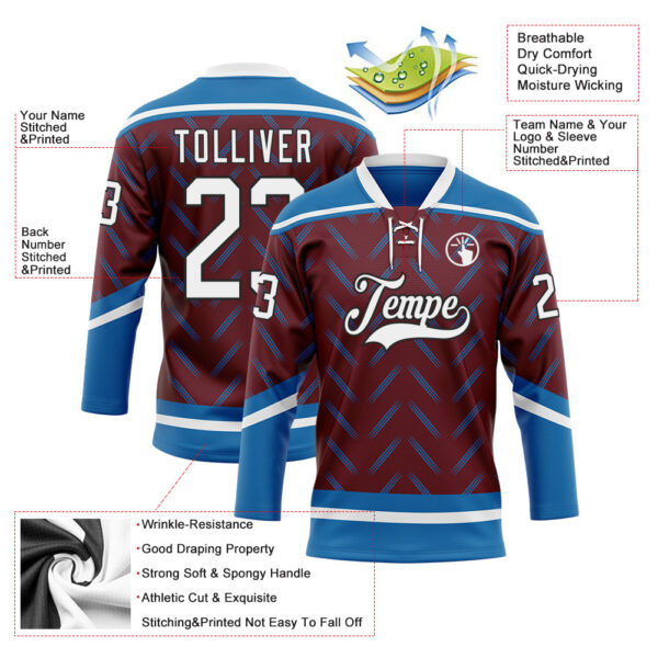 Custom Burgundy White Blue-Black Abstract Colorado Inspired Line Hockey Lace Neck Jersey
