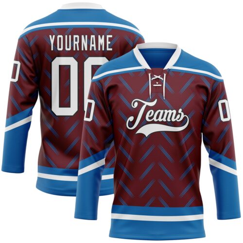 Custom Burgundy White Blue-Black Abstract Colorado Inspired Line Hockey Lace Neck Jersey
