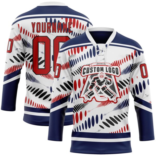 Custom White Red Navy-Black Abstract Columbus Inspired Round Hockey Lace Neck Jersey