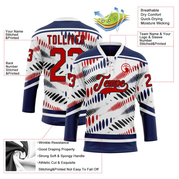 Custom White Red Navy-Black Abstract Columbus Inspired Round Hockey Lace Neck Jersey
