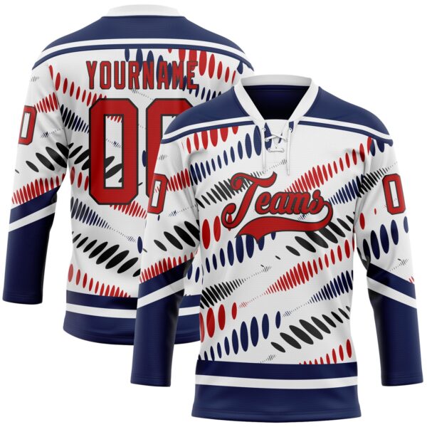 Custom White Red Navy-Black Abstract Columbus Inspired Round Hockey Lace Neck Jersey