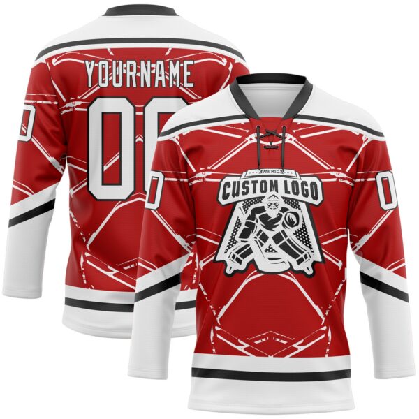 Custom Red White-Black Abstract Detroit Inspired Line Hockey Lace Neck Jersey