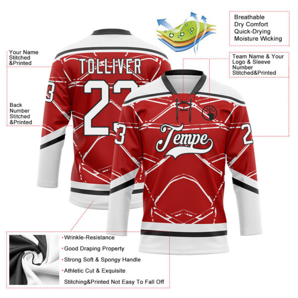 Custom Red White-Black Abstract Detroit Inspired Line Hockey Lace Neck Jersey