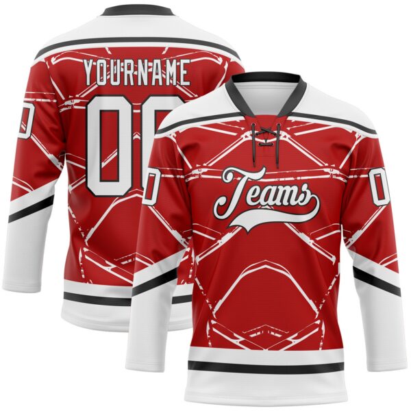 Custom Red White-Black Abstract Detroit Inspired Line Hockey Lace Neck Jersey