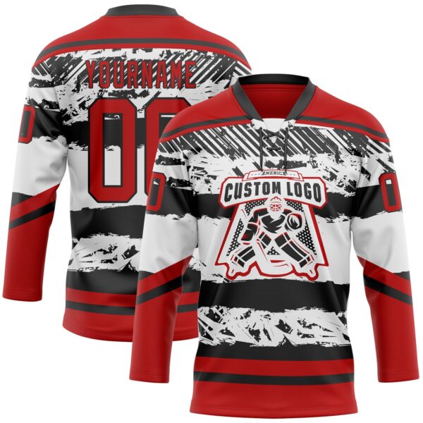 Custom White Red-Black Abstract Detroit Inspired Line Hockey Lace Neck Jersey