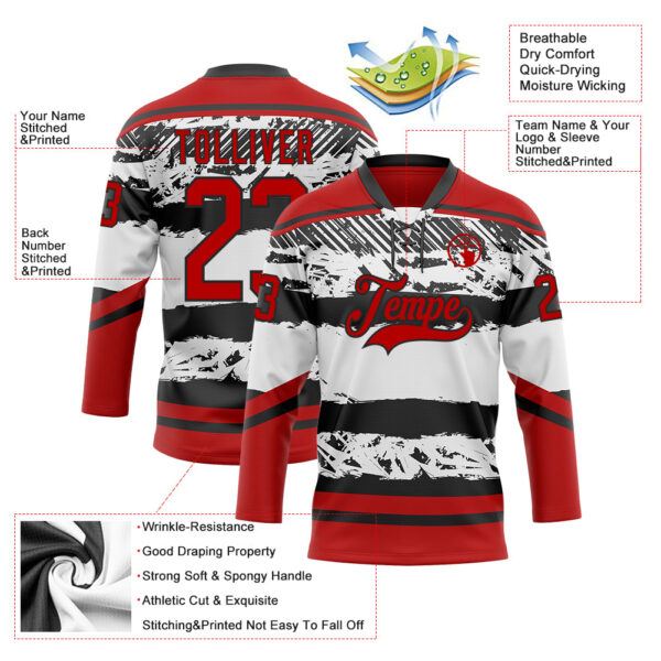 Custom White Red-Black Abstract Detroit Inspired Line Hockey Lace Neck Jersey