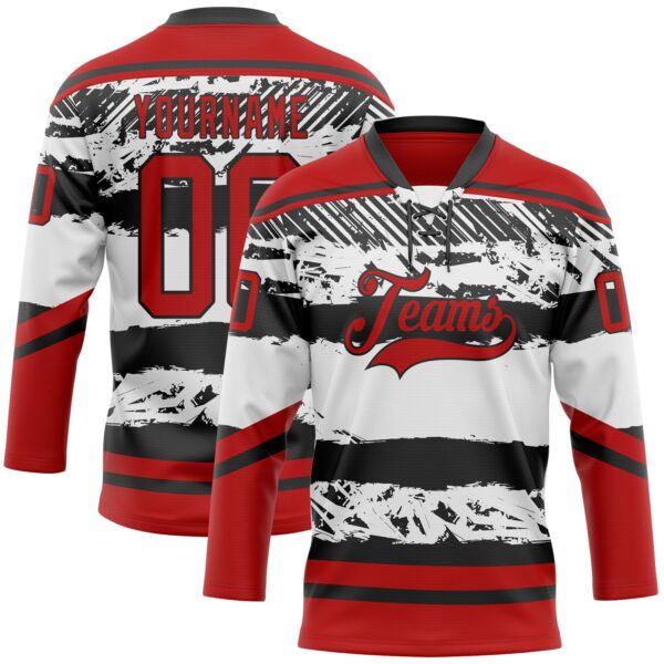 Custom White Red-Black Abstract Detroit Inspired Line Hockey Lace Neck Jersey