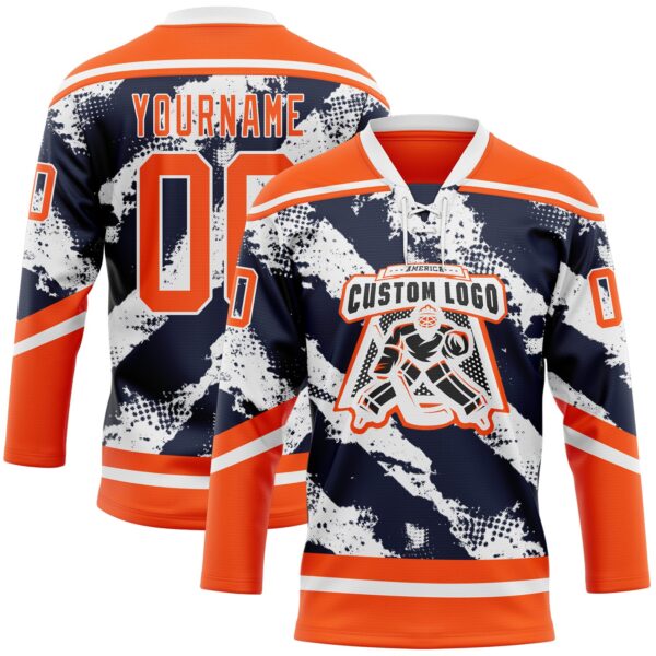 Custom Orange Navy-White Abstract Edmonton Inspired Splash Hockey Lace Neck Jersey