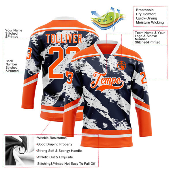 Custom Orange Navy-White Abstract Edmonton Inspired Splash Hockey Lace Neck Jersey