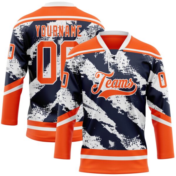 Custom Orange Navy-White Abstract Edmonton Inspired Splash Hockey Lace Neck Jersey