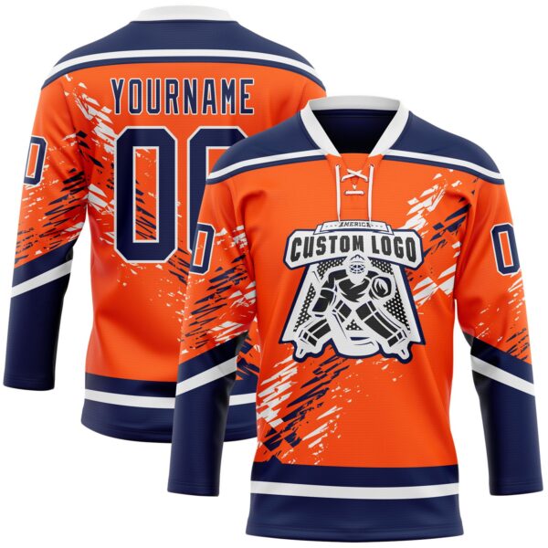 Custom Orange Navy-White Abstract Edmonton Inspired Splash Hockey Lace Neck Jersey