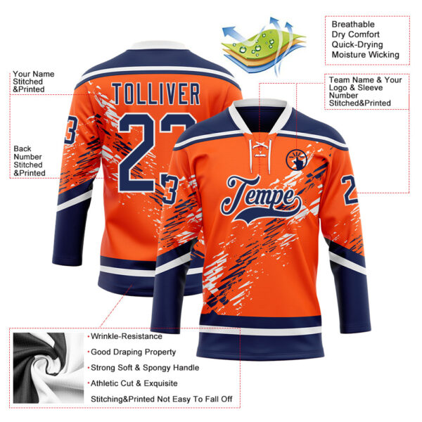 Custom Orange Navy-White Abstract Edmonton Inspired Splash Hockey Lace Neck Jersey