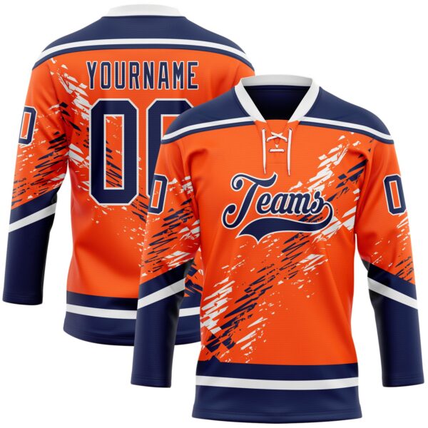 Custom Orange Navy-White Abstract Edmonton Inspired Splash Hockey Lace Neck Jersey