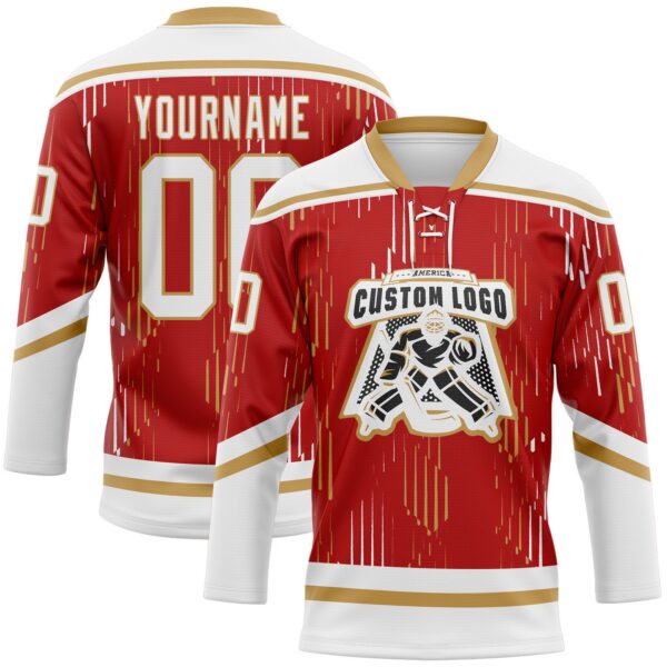 Custom Red White-Old Gold Abstract Florida Inspired Line Hockey Lace Neck Jersey