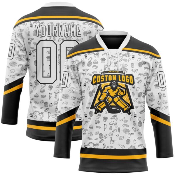 Custom White Black-Gold Foodie Fast Food Hockey Lace Neck Jersey